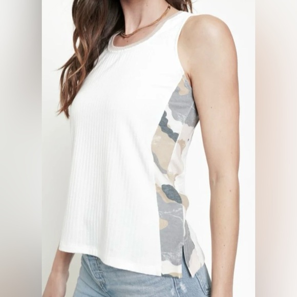 Mystree Tops - Mystree White Ribbed Tank with Camo Side Panels